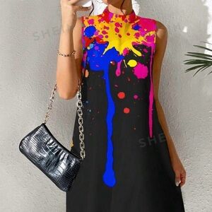 SHEIN LUNE Graphic Print Mock Neck Sleeveless Dress.